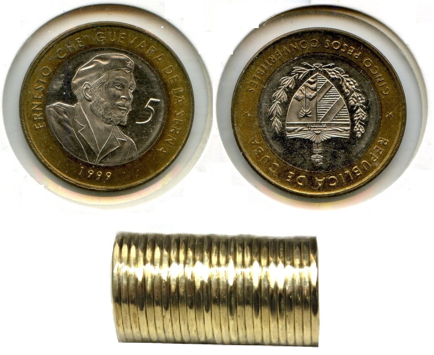 Cuba. 1999. 5 pesos CUC - roll of 20 coins. Ernesto Che Guevara. Type: 1999. Bi-Metallic (Ni-Steel + Brass - Steel) 4.520 g. KM#730. UNC