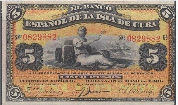 Куба. Бумажные деньги. 1896. 5 песо серебро * 100 штук. Banco Español de Cuba. Тип: 1896. Серия/№: . Подпись: . Catalog #. PRESS (UNC)