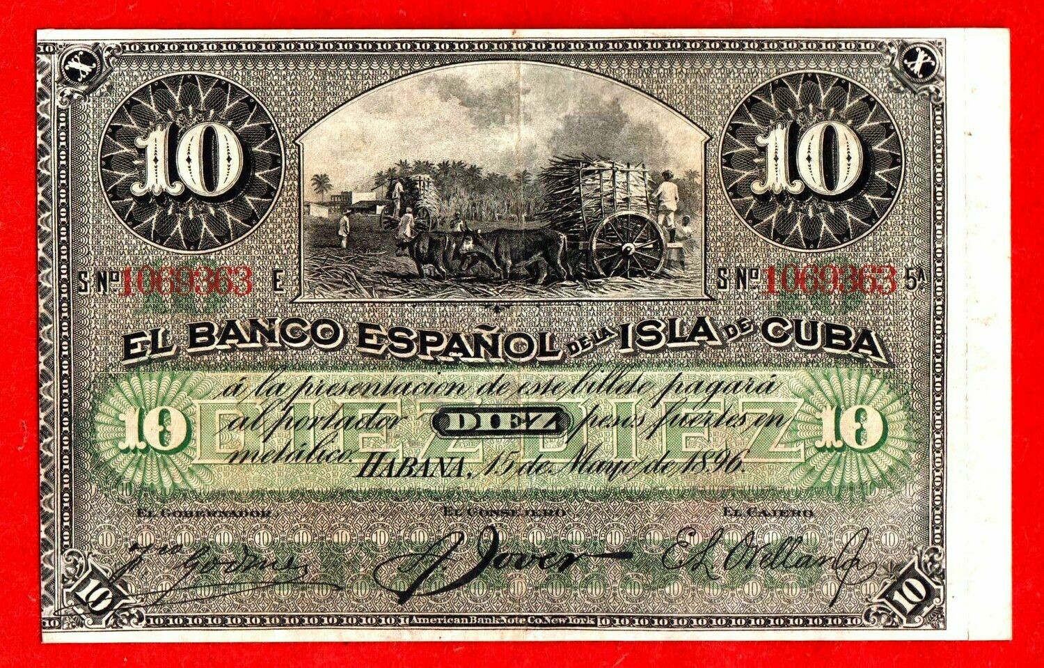 Куба. Бумажные деньги. 1896. 10 песо серебро * 100 штук. Banco Español de Cuba. Тип: 1896. (банковский вексель тёмный - 1896). Серия/№: . Подпись: . Catalog #. PRESS (UNC)