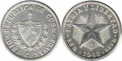 Cuba. 1948. 10 centavos - roll of 40 coins. Star. Type: 1915. 0.900 Silver. 0.0719 Oz ASW. 2.50 g. KM#A12. AU