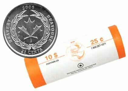Канада. Елизавета II. 2006. 25 центов - ролл из 40 монет. Медаль за отвагу. Логотип RCM. Fe-Ni 4.430 g. UNC.