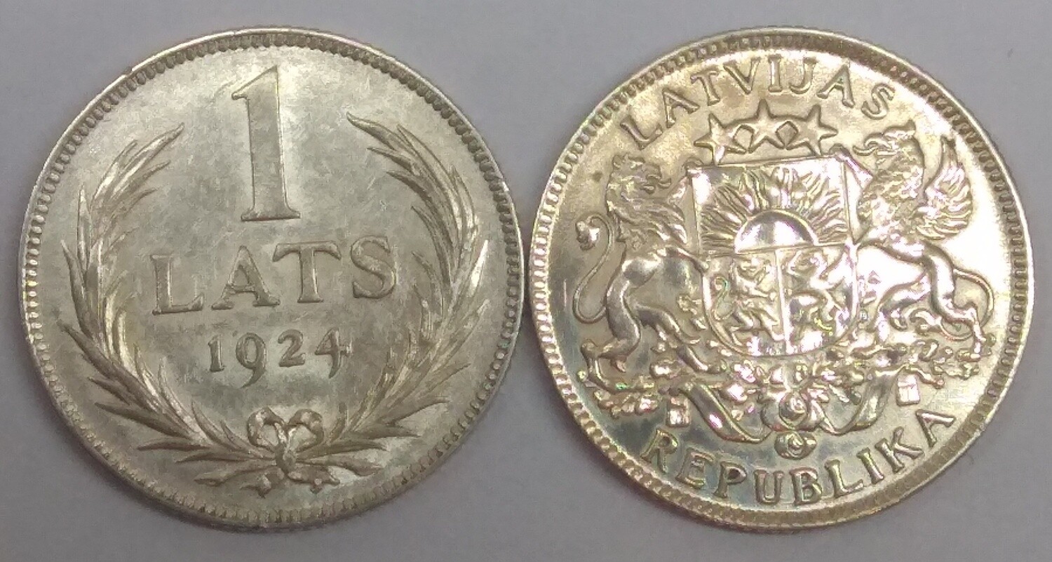 Республика Латвия. 1924. 1 лат. Тип: 1924. 835 Серебро 0.1342 Oz, ASW., 5.00 g. KM#7. XF
