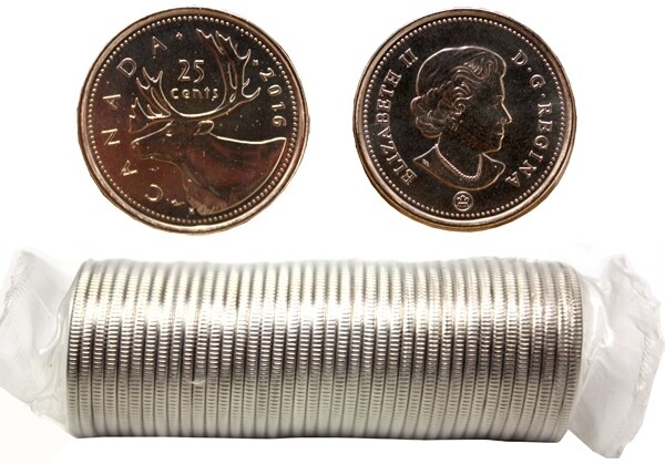 Канада. Елизавета II. 2016. 25 центов - ролл из 40 монет. Карибу. Логотип RCM. Fe-Ni 4.430 g. UNC.