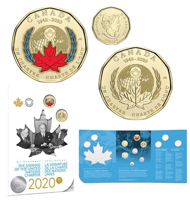 Канада. Елизавета II. 2020. 1 доллар. Набор монет. 1945-2020. 75 лет со дня подписания хартии ООН. UNC/Colored