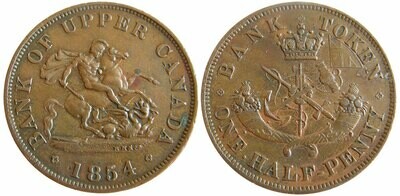 Канада. Токен Банка Верхней Канады. 1854. Один полпенни. H. Cu. 8.00 g. AU. Note: Соосность 180°. Obv.: шт.1. - Канада. Токен Банка Верхней Канады. 1854. Один полпенни. H. Cu. 8.00 g. AU. Note: Соосность 180°. Obv.: шт.1. -