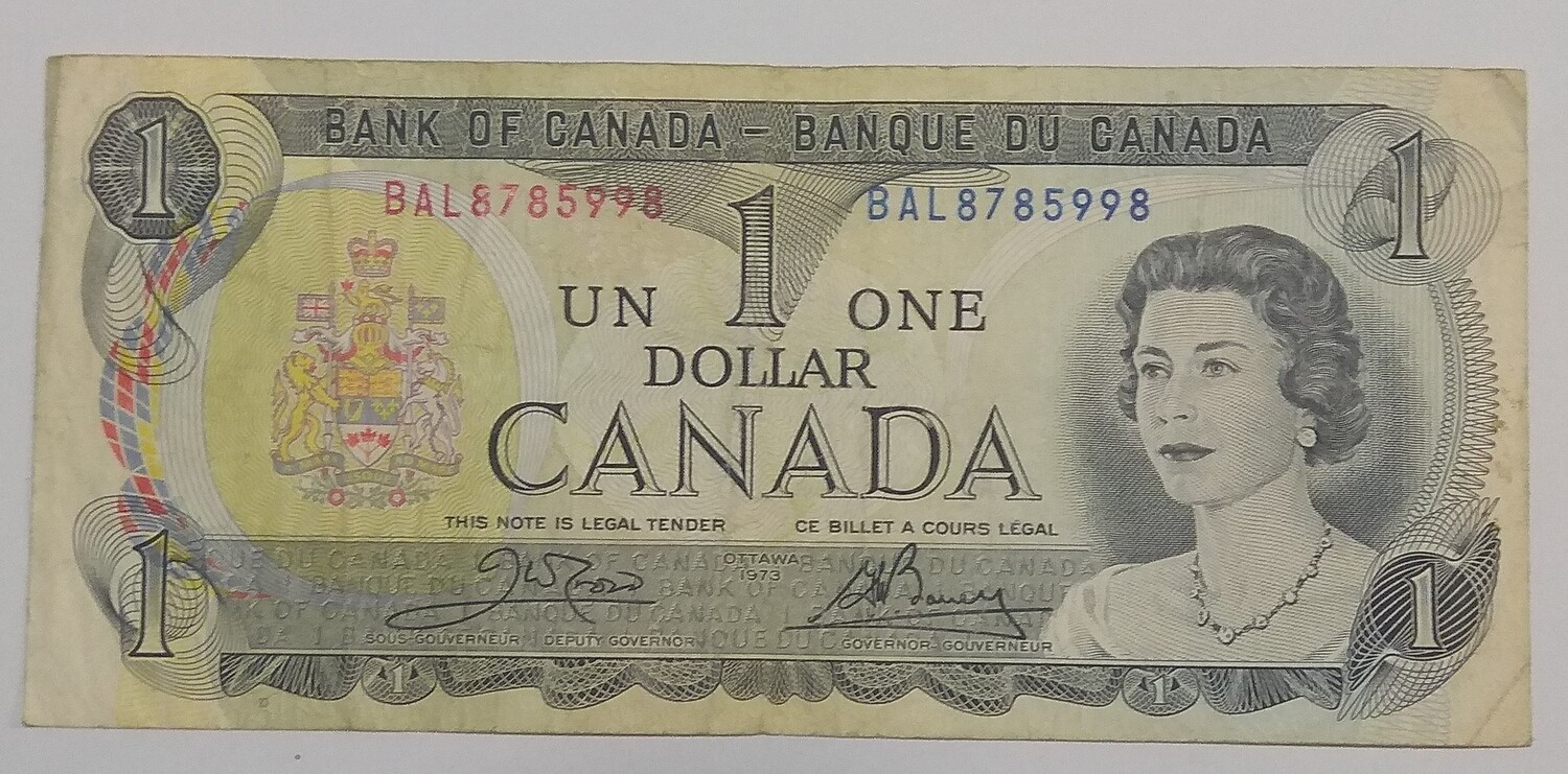 Канада. Елизавета II. Бумажные деньги. 1973. 1 доллар. Тип: 1969. Серия/№: BAL8785998. VF+