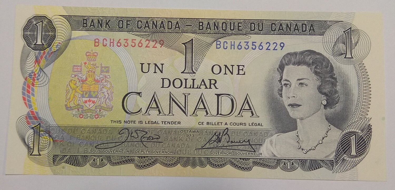 Канада. Елизавета II. Бумажные деньги. 1973. 1 доллар. Тип: 1969. Серия/№: BCH6356229. UNC