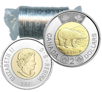 Канада. Елизавета II. 2021. 2 доллара - ролл из 25 монет. Белый медведь. Ni, Cu, Al. 7.30 g. UNC.