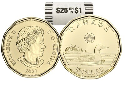 Канада. Елизавета II. 2021. 1 доллар - ролл из 25 монет. Селезень. Ni-Cu. KM#. UNC