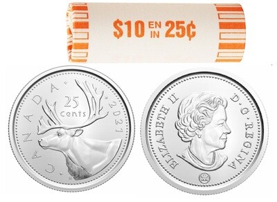 Канада. Елизавета II. 2021. 25 центов - ролл из 40 монет. Карибу. Логотип RCM. Fe-Ni 4.430 g. UNC.