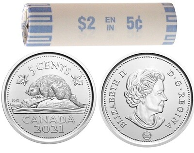 Канада. Елизавета II. 2021. 5 центов - ролл из 40 монет. P. Бобр. Логотип RCM. Никель 4.54 g. UNC.