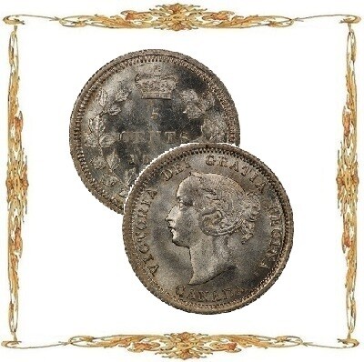 Монеты Канады. Виктория. 5¢. Серебро. Циркуляционные монеты.