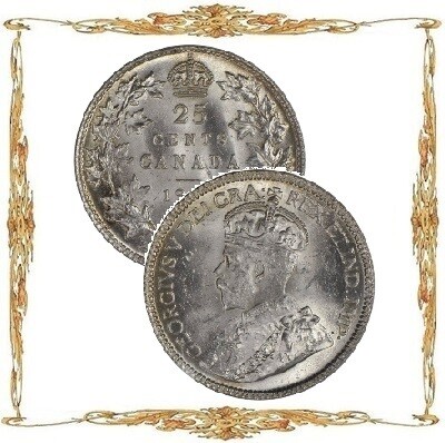 Монеты Канады. Георг V. 25¢. Ag. Циркуляционные монеты.