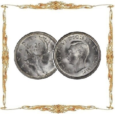 Монеты Канады. Георг VI. 25¢. Ag. Циркуляционные монеты.