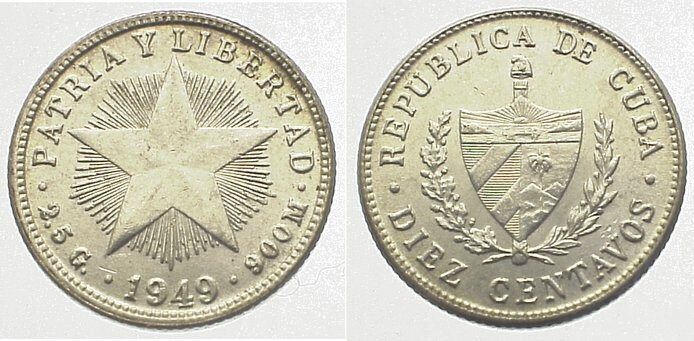 Cuba. 1949. 10 centavos - roll of 40 coins. Star. Type: 1915. 0.900 Silver. 0.0719 Oz ASW. 2.50 g. KM#A12. AU