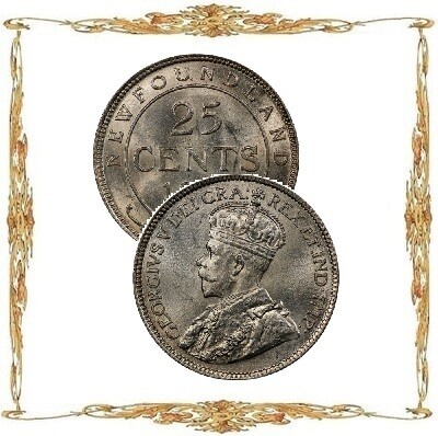 Монеты Канады. Провинция Ньюфаундленде. Георг V. 25¢. Серебро. Циркуляционные монеты.