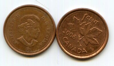 Канада. Елизавета II. 2006. 1 цент. Logo RCM. Сталь плакированная медью. 2.25 g. KM#490a. XF. Note: Магнитная.
