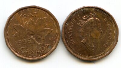 Канада. Елизавета II. 1995. 1 цент. Медь. 2.50 g. KM#181. XF. Note: Obv.: шт.3 Rev.:шт.42