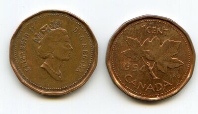 Канада. Елизавета II. 1994. 1 цент. Медь. 2.50 g. KM#181. XF. Note: Obv.: шт.3 Rev.:шт.41