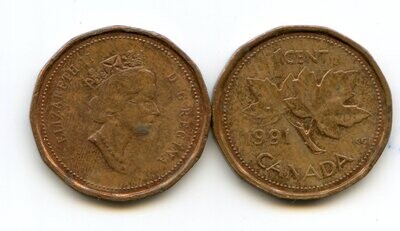 Канада. Елизавета II. 1991. 1 цент. Медь. 2.50 g. KM#181. XF. Note: Obv.: шт.3 Rev.:шт.38