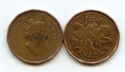 Канада. Елизавета II. 1993. 1 цент. Медь. 2.50 g. KM#181. XF. Note: Obv.: шт.3 Rev.:шт.40