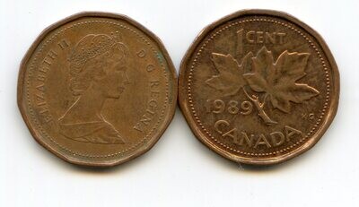 Канада. Елизавета II. 1989. 1 цент. Медь. 2.50 g. KM#132. XF. Note: Obv.: шт.2 Rev.:шт.36