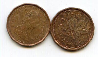 Канада. Елизавета II. 1988. 1 цент. Медь. 2.50 g. KM#132. XF. Note: Obv.: шт.2 Rev.:шт.35