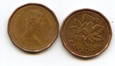 Канада. Елизавета II. 1987. 1 цент. Медь. 2.50 g. KM#132. XF. Note: Obv.: шт.2 Rev.:шт.34