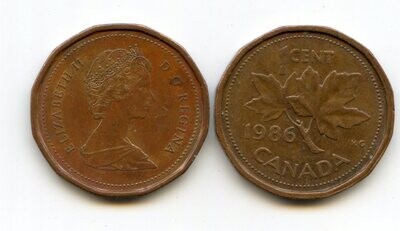 Канада. Елизавета II. 1986. 1 цент. Медь. 2.50 g. KM#132. XF. Note: Obv.: шт.2 Rev.:шт.33