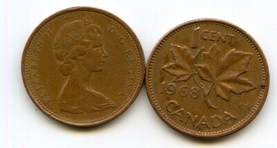 Канада. Елизавета II. 1968. 1 цент. Медь. 3.24 g. KM#59.1. XF. Note:  Obv.: шт.2 Rev.:шт.15