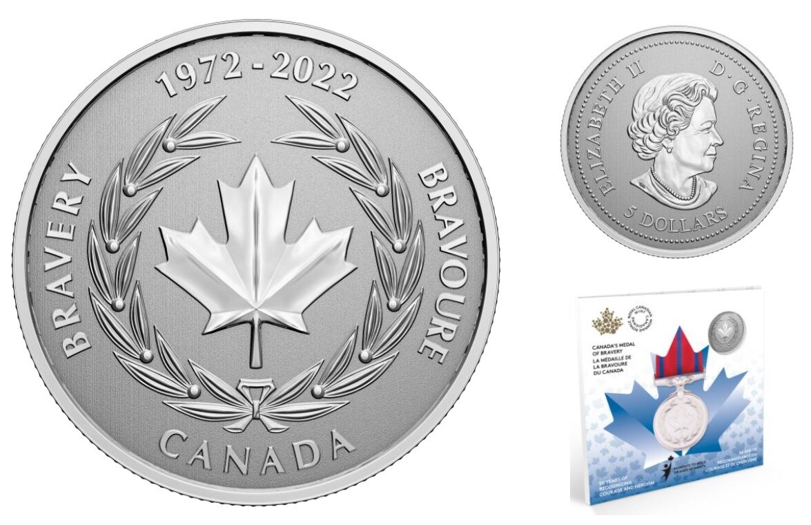 Канада. Елизавета II. 2022. 5 долларов. 50 летняя годовщина медали за отвагу. Серебро 999. 0.2559 Oz ASW 7.96 g. BU UNC