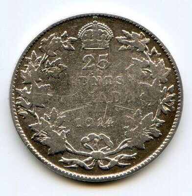 Канада. Георг V. 1914. 25 центов. Серебро 925. 0.1734 Oz ASW 5.83 g. F Note: ↑↑. Mintage: 1,215,397