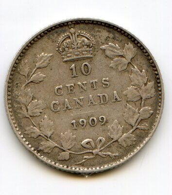 Канада. Эдуард VII. 1909. 10 центов. Серебро 925. 0.07 Oz ASW 2.32 g. VF Note: ↑↑. Викторианские листья. Mintage: 1,697,200