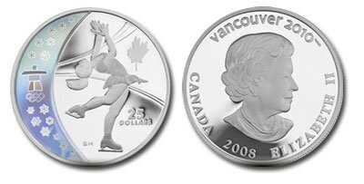 Канада. Елизавета II. 2008. 25 долларов. Зимние Олимпийские Игры в Ванкувере 2010 #09 Фигурное катание. 925 Серебро 27.78g. PROOF/Hologram. Note: БЕЗ П/У