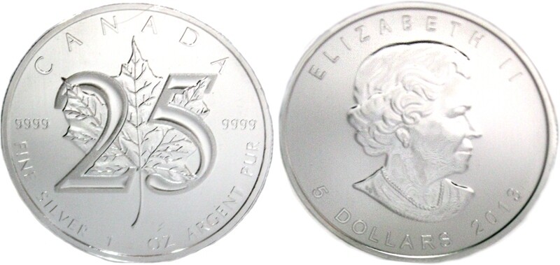 Канада. Елизавета II. 2013. 5 долларов. Кленовый лист - 25 годовщина серебряный клён. Серебро 999. 1.0 Oz ASW 31.1 g. BU UNC 