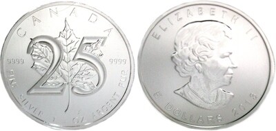 Канада. Елизавета II. 2013. 5 долларов. Кленовый лист - 25 годовщина серебряный клён. 0.9999 Серебро 1.0 Oz., ASW., 31.1 g., BU. UNC