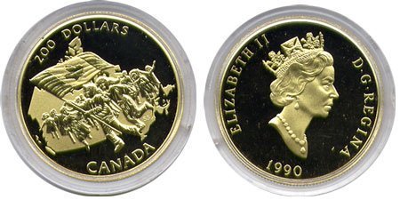 Канада. Елизавета II. 1990. 200 долларов. Серия: Флаг Канады. 1965-1990. 25 лет флагу Канады. 0.917 Золото 0.51 Oz., AGW 17.14 g., KM#217. PROOF.