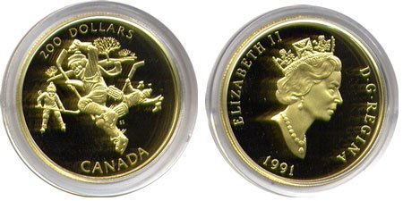 Канада. Елизавета II. 1991. 200 долларов. Хоккей - Национальная гордость. 0.916 Золото 0.6 Oz., AGW 17.13 g., KM#202. PROOF