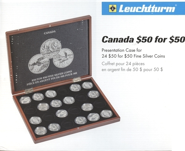 Деревянный футляр для 24 монет. Канада. Елизавета II. 50 долларов. Серия: 50 $ за 50 $. Диаметр монет 34.00 mm.