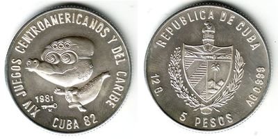 Cuba. 1981. 5 pesos. Series: XIV Central American and Caribbean Games - #1. Cuba`82. Mascot. 0.999 Silver. 0.3229 Oz ASW. 12.0g. KM#79. PROOF. Mintage: 2,000 Cuba. 1981. 5 pesos. Series: XIV Central American and Caribbean Games - #1. Cuba`82. Mascot. 0.999 Silver. 0.3229 Oz ASW. 12.0g. KM#79. PROOF. Mintage: 2,000