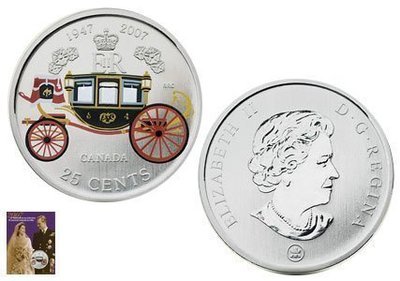 Канада. Елизавета II. 2007. 25 центов. Празднование 60-й годовщины свадьбы Её Величества королевы Елизаветы II. Цветные. Fe-Ni 12.610 g., KM#708. В подарочной упаковке. Канада. Елизавета II. 2007. 25 центов. Празднование 60-й годовщины свадьбы Её Величества королевы Елизаветы II. Цветные. Fe-Ni 12.610 g., KM#708. В подарочной упаковке.
