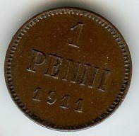 Российская Империя. Финляндия. Николай II. 1911. 1 пенни. Тип: 1895. Медь. 1.28 g. KM#13. UNC