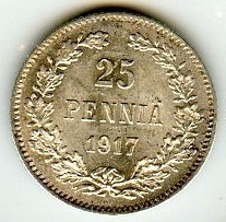 Российская Империя. Финляндия. Николай II. 1917. 25 пенни. S. Гербовый орел без корон. Тип: 1917. 0.750 Серебро. 0.0307 Oz., ASW. 1.270g., BU. KM#19. MS 63 NCG Российская Империя. Финляндия. Николай II. 1917. 25 пенни. S. Гербовый орел без корон. Тип: 1917. 0.750 Серебро. 0.0307 Oz., ASW. 1.270g., BU. KM#19. MS 63 NCG