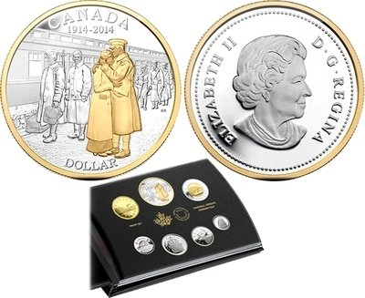 Канада. Елизавета II. 2014. 1 доллар. Набор монет. Серия: 1914-2014. 100 лет со дня вступлкния Канады в Первую Мировую Войну. Золотое прощание. 999 Серебро 2.182 Oz. 67.86 g., KM#. PROOF Канада. Елизавета II. 2014. 1 доллар. Набор монет. Серия: 1914-2014. 100 лет со дня вступлкния Канады в Первую Мировую Войну. Золотое прощание. 999 Серебро 2.182 Oz. 67.86 g., KM#. PROOF