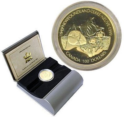 Канада. Елизавета II. 1999. 100 долларов. 1949-1999. 50 лет со дня вступления Ньюфаундленд в Конфедерацию Канады. 0.585 Золото 0.470 Oz., AGW., 13.338 g., PROOF PF60. Канада. Елизавета II. 1999. 100 долларов. 1949-1999. 50 лет со дня вступления Ньюфаундленд в Конфедерацию Канады. 0.585 Золото 0.470 Oz., AGW., 13.338 g., PROOF PF60.