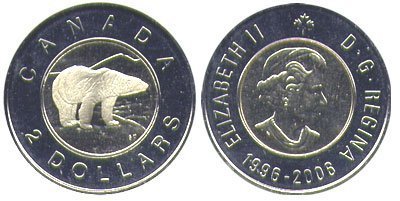 Канада. Елизавета II. 2006. 2 доллара. 1996-2006. 10 лет чеканки монеты $2. Белый Медведь. Без логотипа RCM. Ni, Cu, Al. 7.30 g., Proof-Like. PL60-70 Канада. Елизавета II. 2006. 2 доллара. 1996-2006. 10 лет чеканки монеты $2. Белый Медведь. Без логотипа RCM. Ni, Cu, Al. 7.30 g., Proof-Like. PL60-70