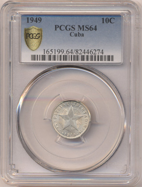 Cuba. 1949. 10 centavos. Star. Type: 1915. 0.900 Silver. 0.0719 Oz ASW. 2.50 g. KM#A12. MS64 PCGS