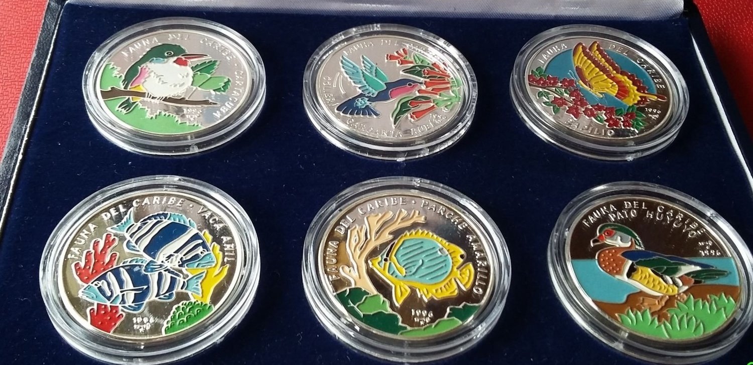 Cuba. 1996. Set of 6 coins. 20 pesos. Series: Fauna of the Caribbean Sea. 0.999 Silver. 11.9094 Oz ASW. 62.20g* 6 coin. KM#170. PROOF. Mintage: 585