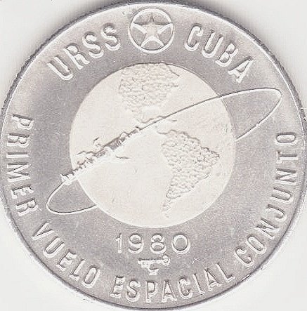 Cuba. 1980. 5 pesos. Series: First Joint Space Flight. -#1. First Soviet - Cuban Space Flight. Globe. 0.999 Silver. 0.3829 Oz ASW. 12.0g. KM#47. PROOF. Mintage: 5,000