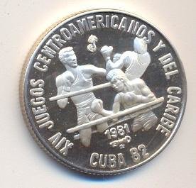 Cuba. 1981. 5 pesos. Series: XIV Central American and Caribbean Games - #3. Cuba`82. Boxing. 0.999 Silver. 0.3229 Oz ASW. 12.0g. KM#81. PROOF. Mintage: 2,000 Cuba. 1981. 5 pesos. Series: XIV Central American and Caribbean Games - #3. Cuba`82. Boxing. 0.999 Silver. 0.3229 Oz ASW. 12.0g. KM#81. PROOF. Mintage: 2,000